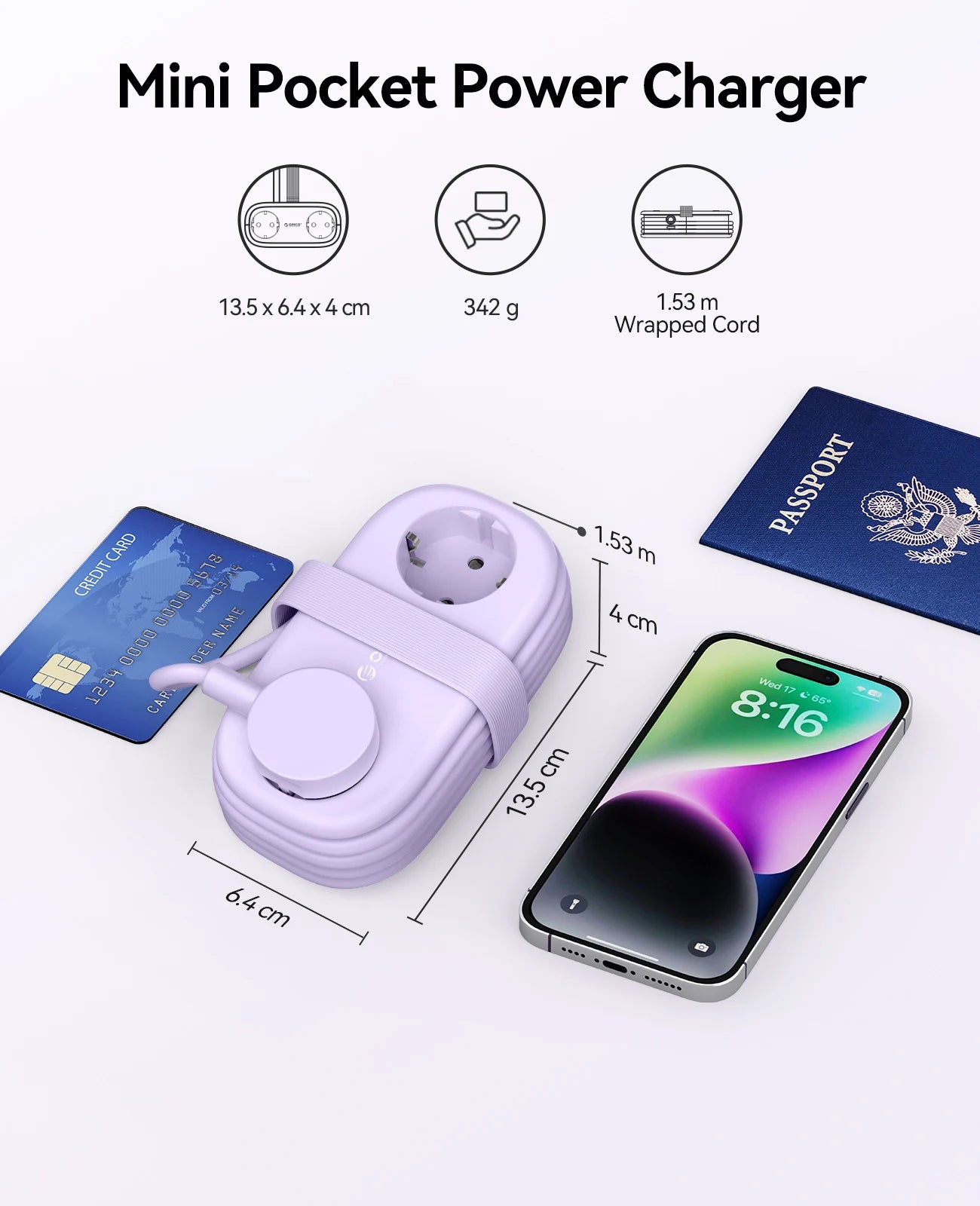 Orico Compact 2-Outlet Travel Power Strip with 20W USB-C PD