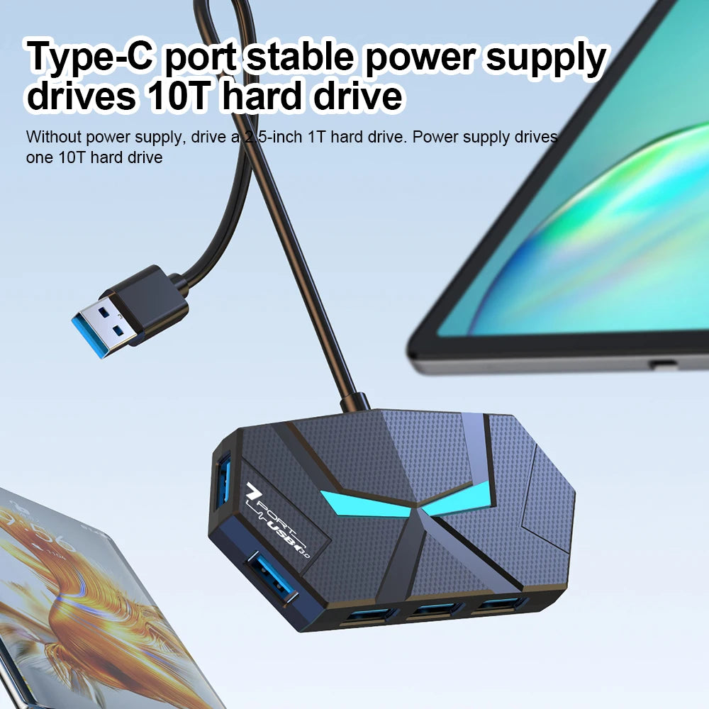 7 Ports USB 3.0 HUB USB Docking Station USB Splitter Adapter 5Gbps High Speed Transmission PD Power Supply For Laptop Computer