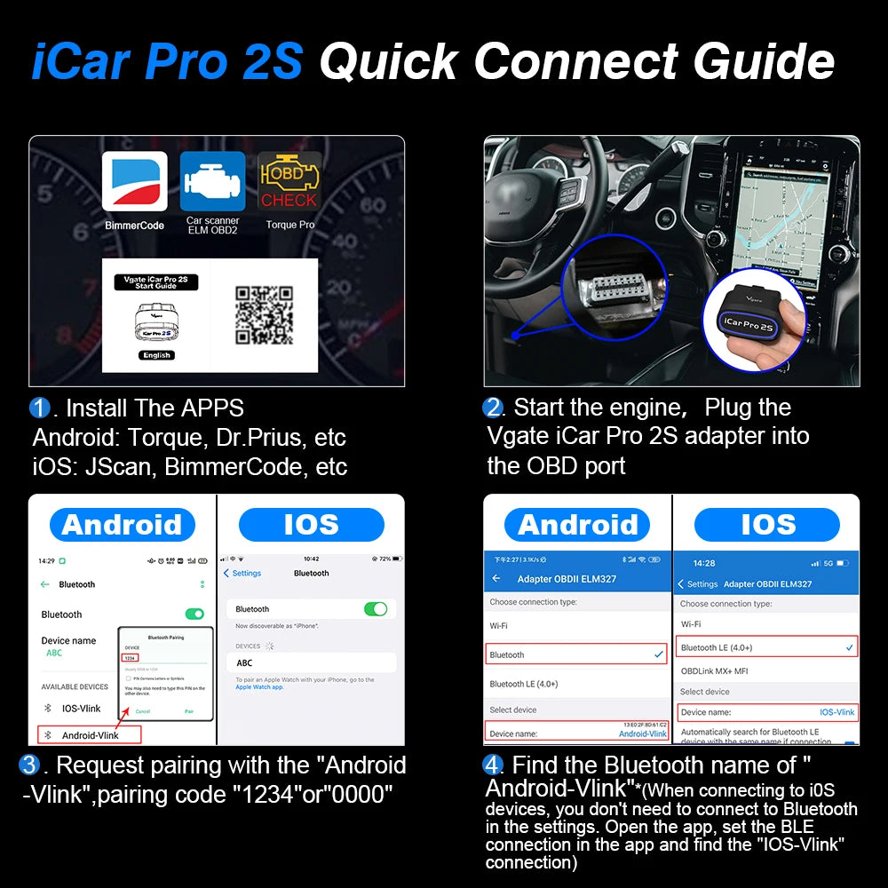 New Vgate iCar Pro 2S ELM327 Bluetooth 5.2 for Android/IOS/PC OBD2 Car Diagnostic Tool elm 327 Upgraded OBD 2 V2.3 Auto Scanner