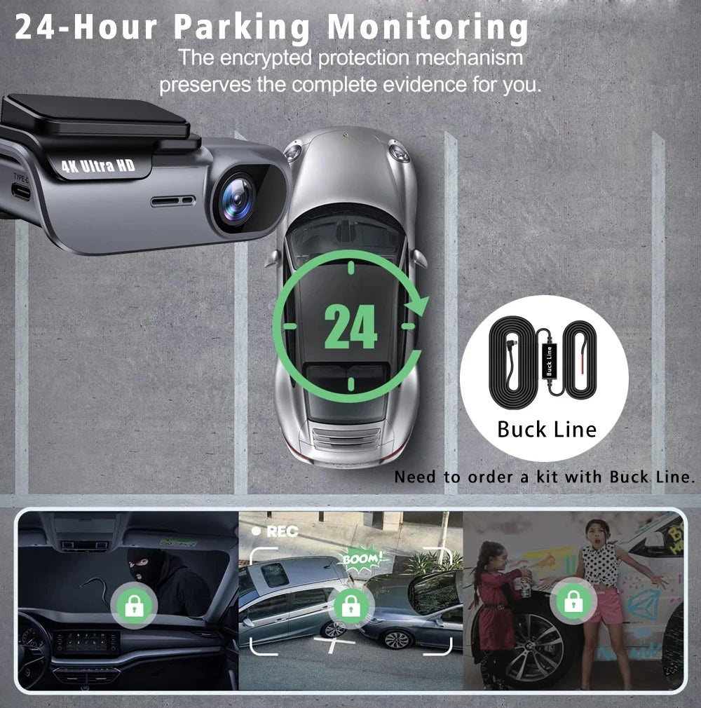 4K 3840*2160P Dash Cam WIFI Car DVR Camera Video Drive Recorder Dashcam Registrar Black Box 24 Hour Monitoring Night Vision