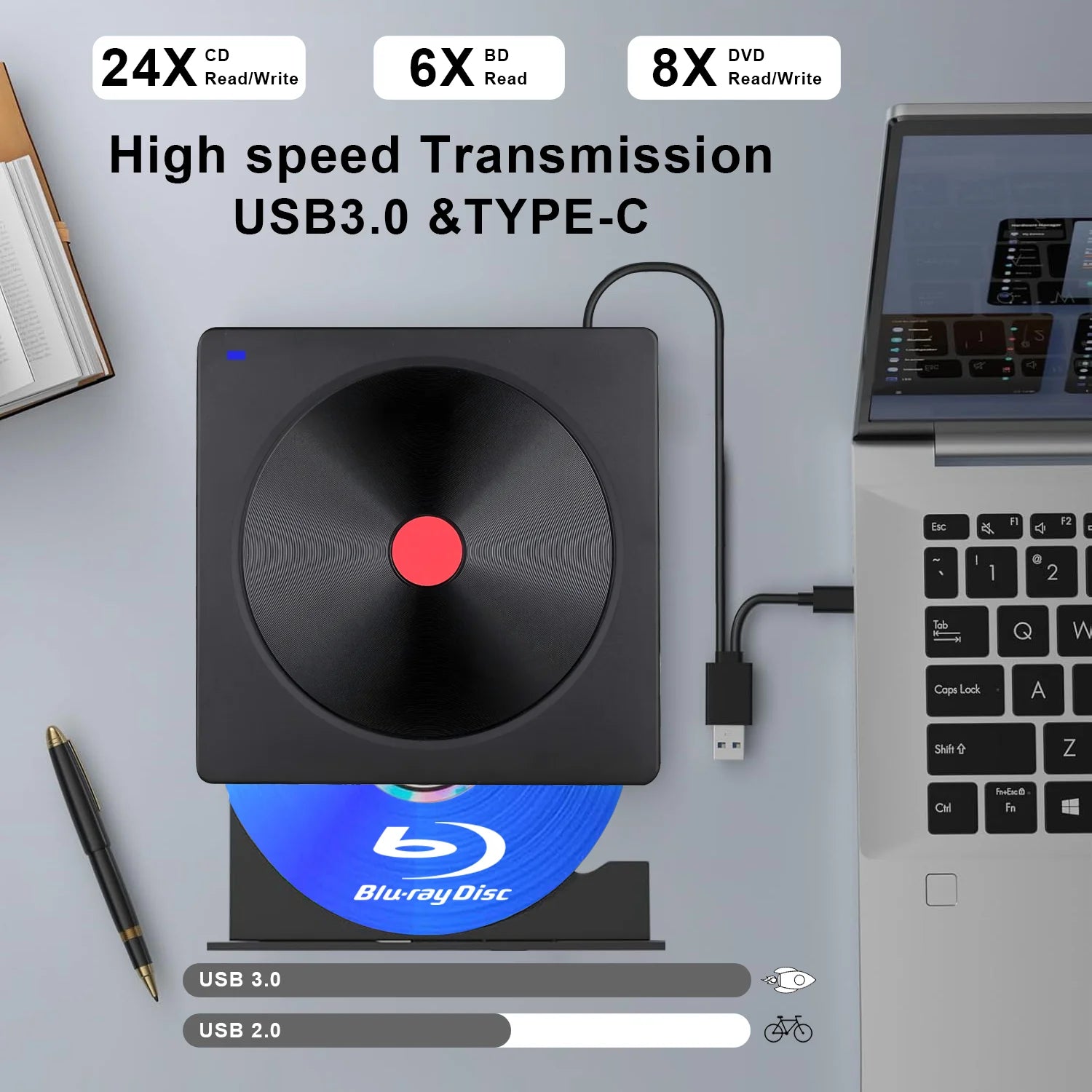 External Blu-ray Drive, USB 3.0 & Type-C BD Reader, DVD/CD Burner – Portable Blu-ray Player for Laptop PC, Windows/Linux/Mac OS