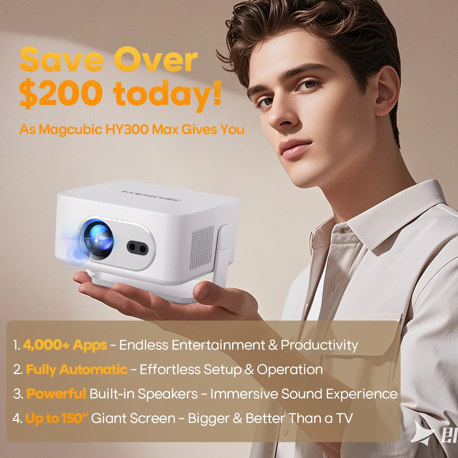 Magcubic Auto Focus Android 14 4K Projector 400ANSI 8K Native 720P HY300Max With Wifi6 BT5.4 Allwinner H726 Portable Outdoor