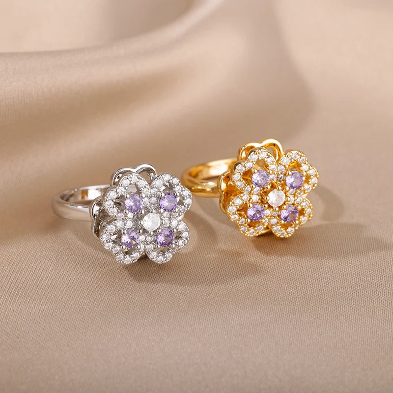 18K Gold Zircon Heart Clover Spinner Anxiety Ring