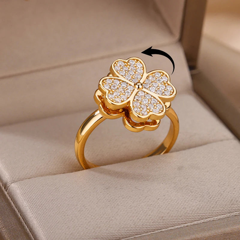 18K Gold-Style Plated Zircon Heart Clover Spinner Anxiety Ring
