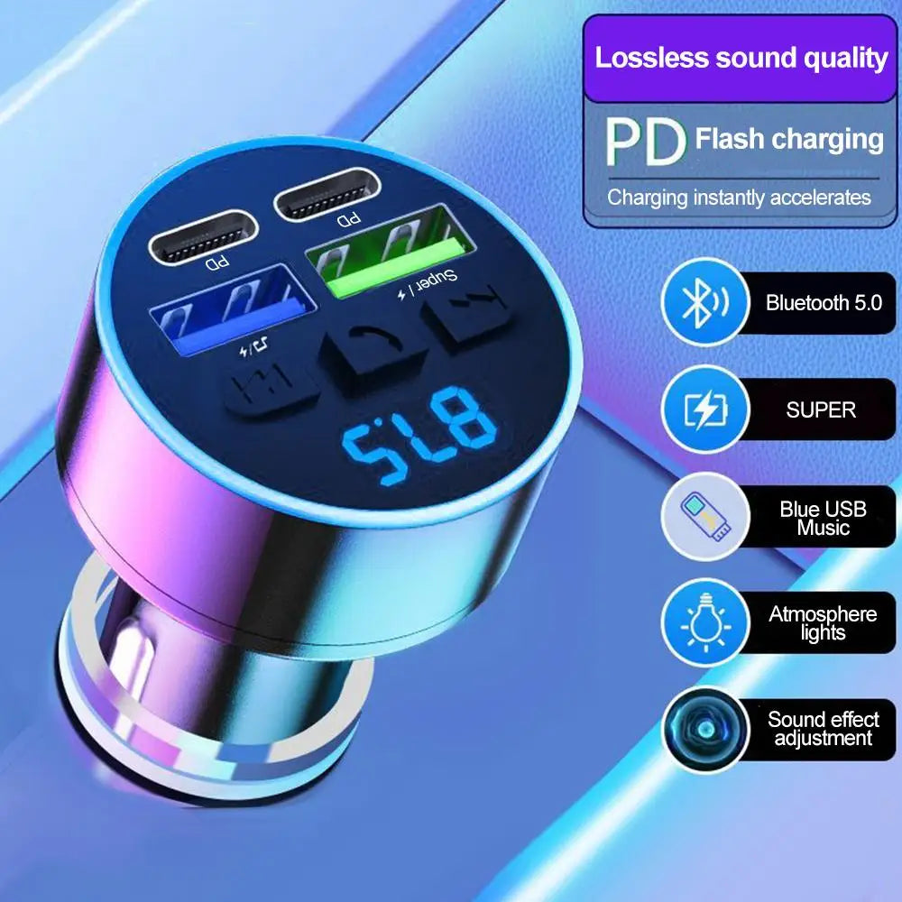 Car Cigarette Lighter Bluetooth 5.0 Car FM Transmitter PD Type-C Dual USB Ambient Player Car MP3 Charger Smartphone Charge