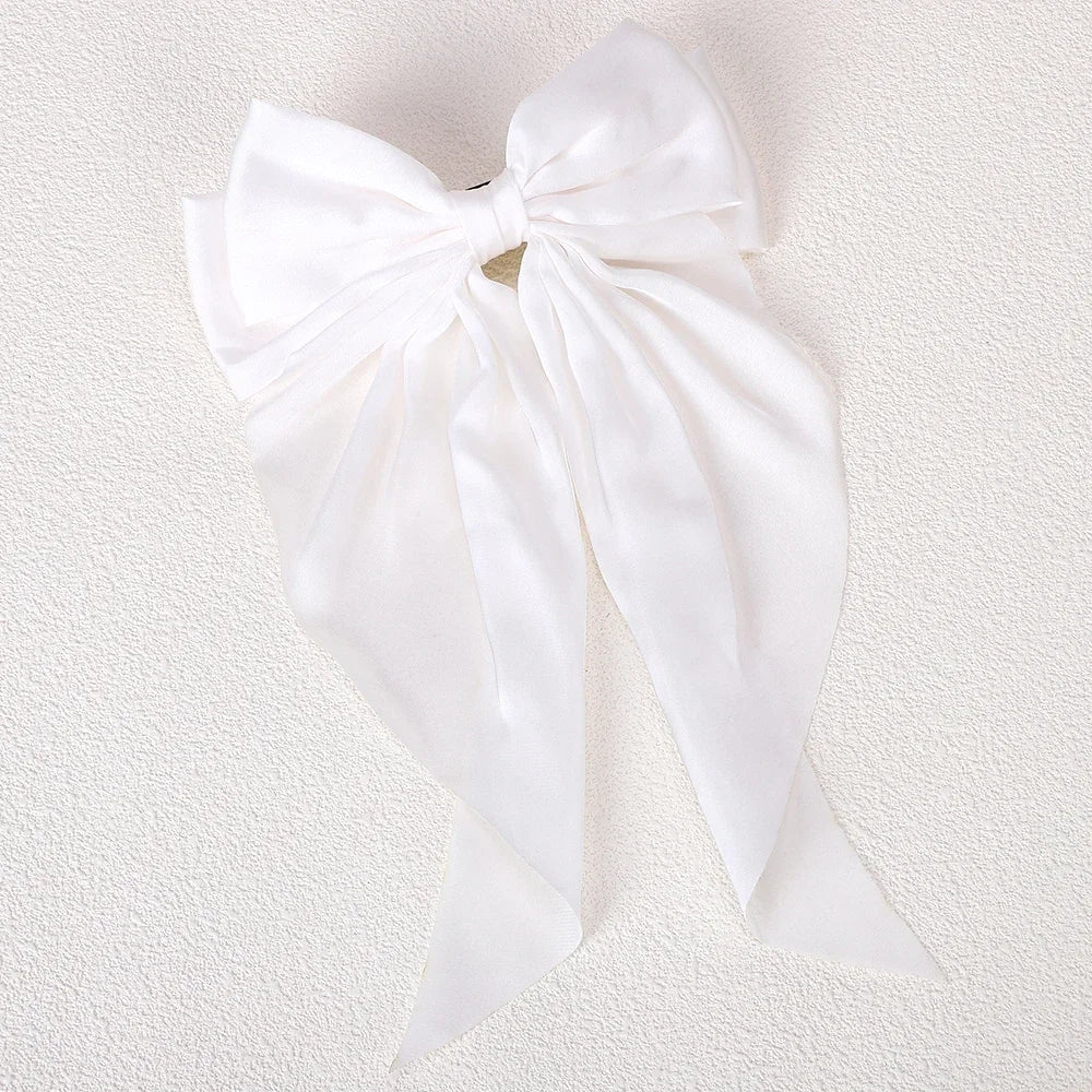 Elegant Long Satin Bow Hair Clip Large Chiffon Barrette