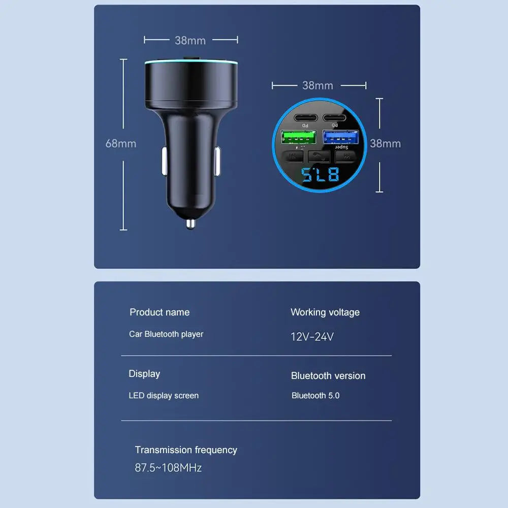 Car Cigarette Lighter Bluetooth 5.0 Car FM Transmitter PD Type-C Dual USB Ambient Player Car MP3 Charger Smartphone Charge
