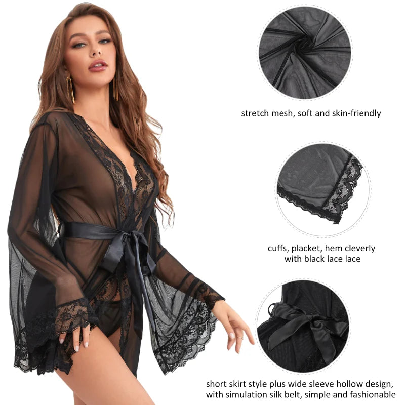 Lace Transparent Babydoll Kimono Lingerie Set