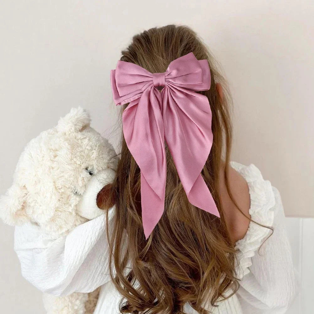 Elegant Long Satin Bow Hair Clip Large Chiffon Barrette