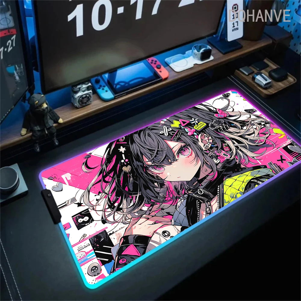 Pink Girls RGB Anime Rubber Mouse Pads XXL Cute Large LED Lighting PC Computer Mousepad Colorful Glowing Deskmat Backlight Mat