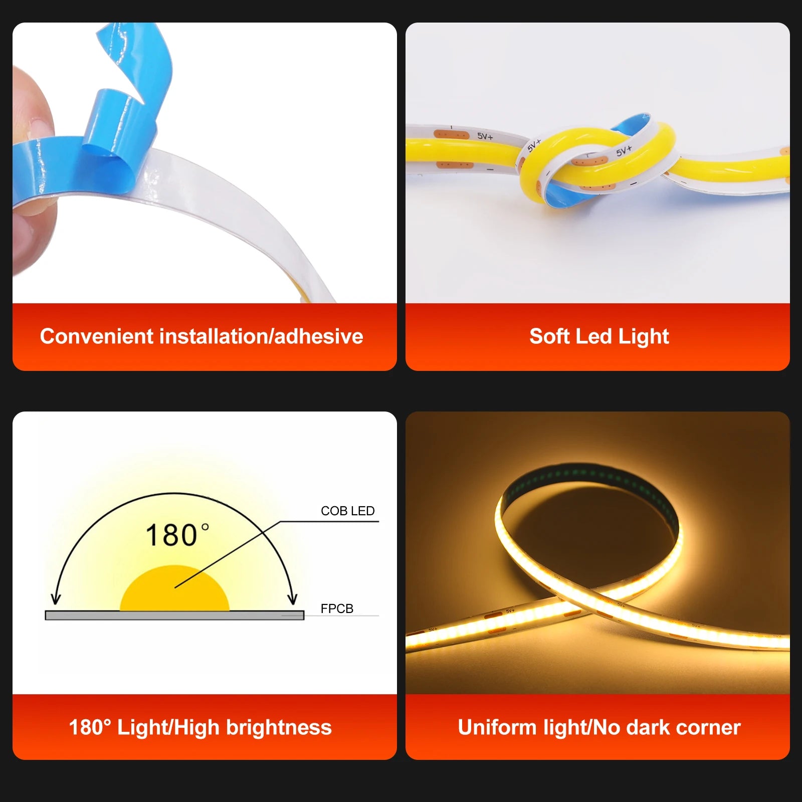New 5V LED COB Light Strip Dimmable With Touch Sensor/ON OFF Switch USB Flexible LED Tape Christmas TV Backlight Adhesive Tape