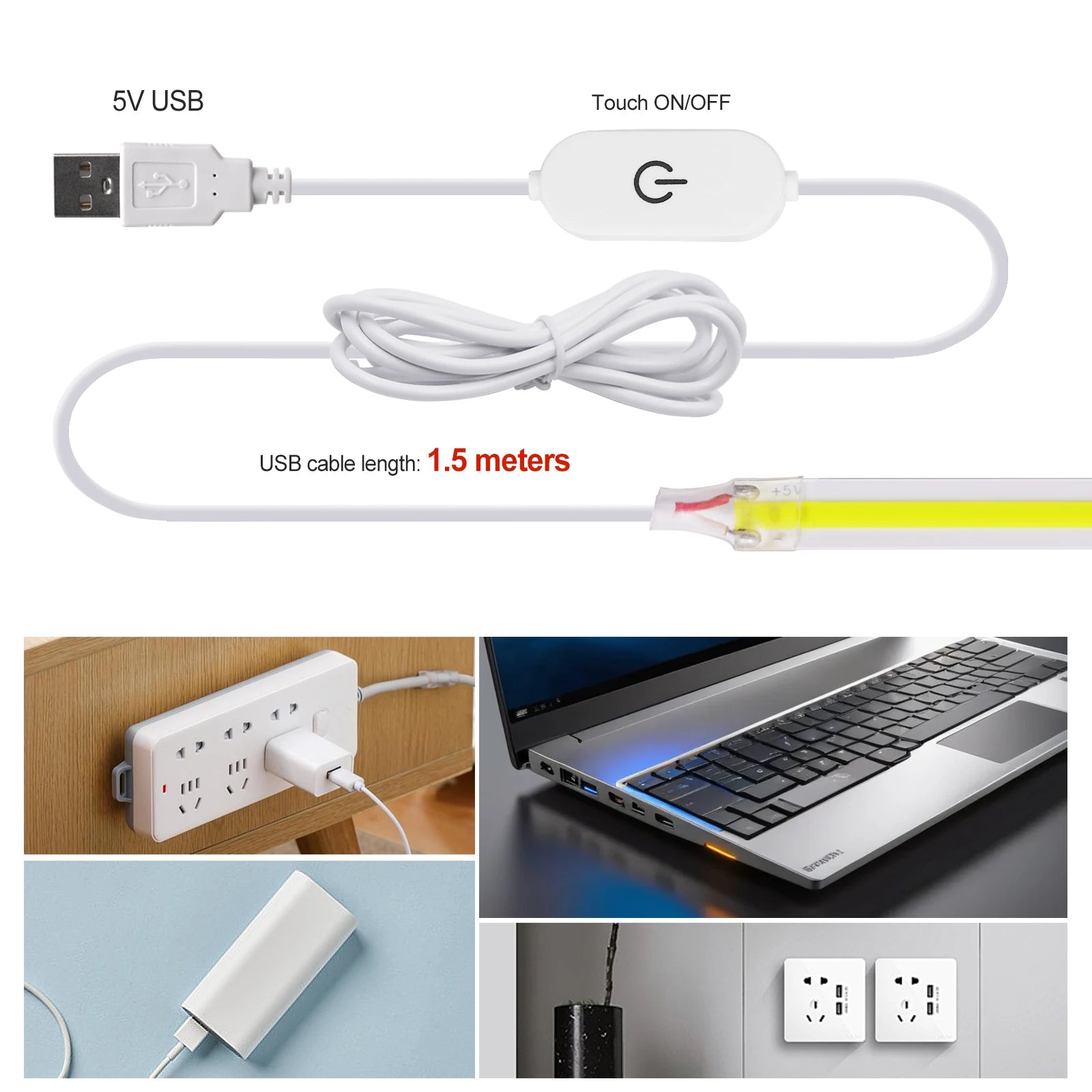 New 5V LED COB Light Strip Dimmable With Touch Sensor/ON OFF Switch USB Flexible LED Tape Christmas TV Backlight Adhesive Tape