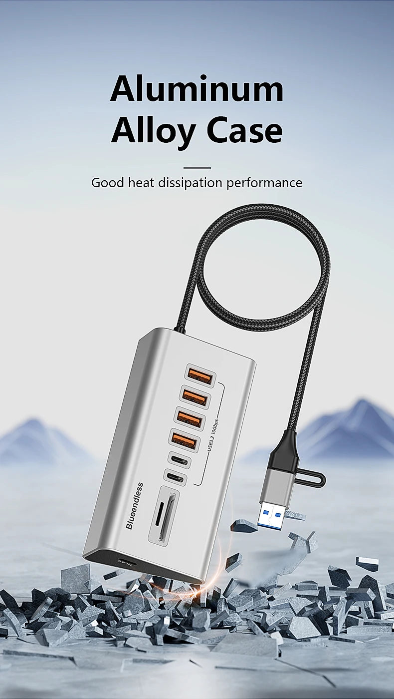10Gbps USB 3.2 Docking Station USB Hub Type C Splitter with Card Reader Aluminum Alloy Multi 8/9 Ports Switch For PC Laptop