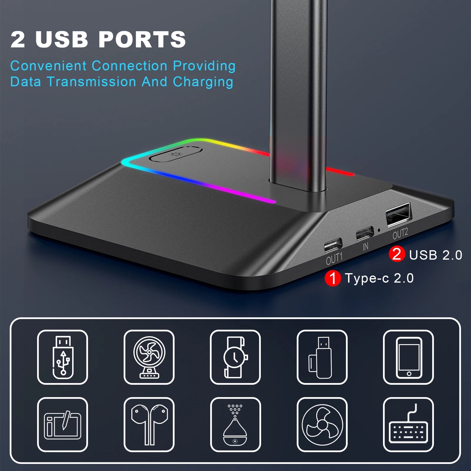 New Bee Z8 RGB Headphones Stand Holder Desk Gaming Headset Cool Display With 2 USB Ports Holder Non-Slip Rubber Base for Gamer