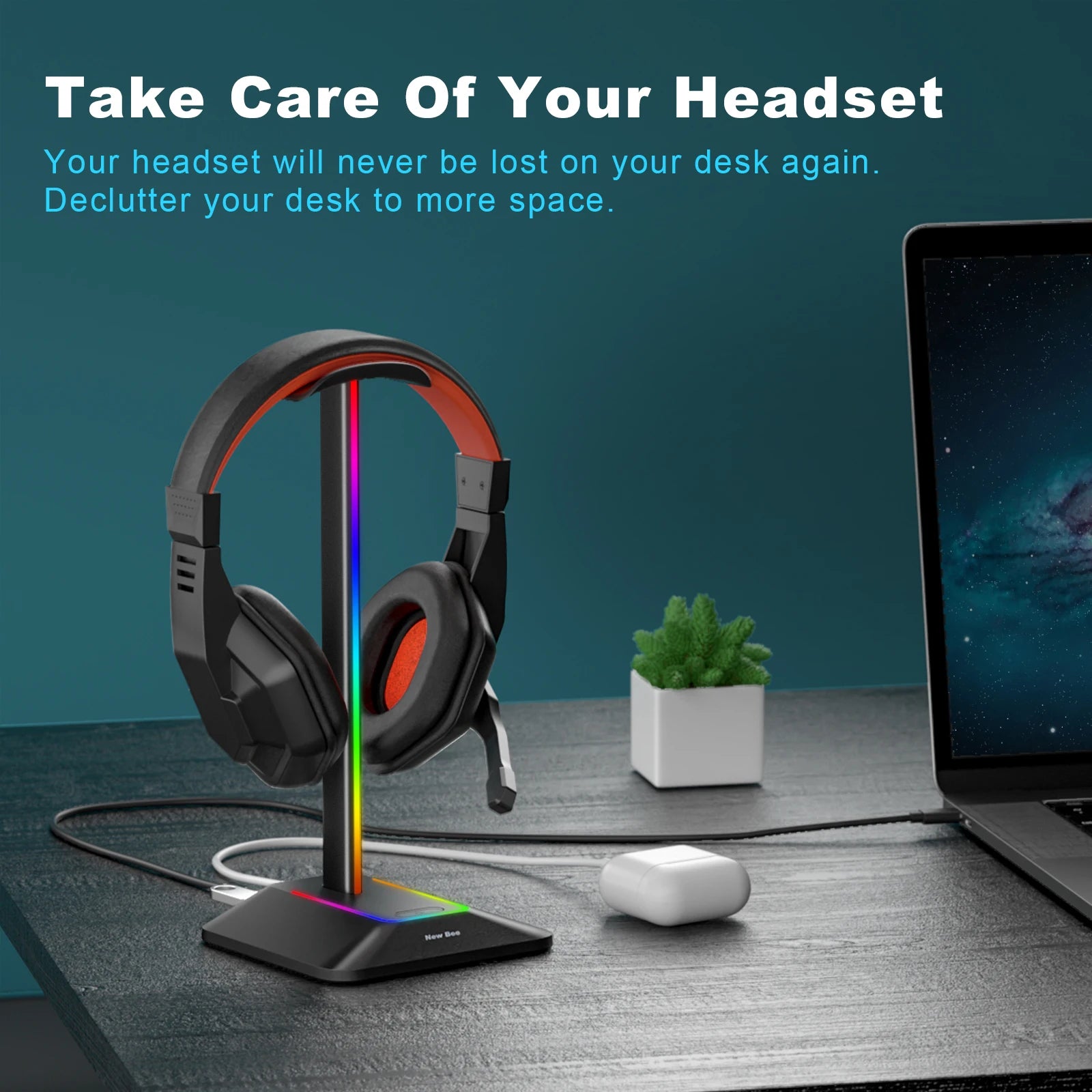 New Bee Z8 RGB Headphones Stand Holder Desk Gaming Headset Cool Display With 2 USB Ports Holder Non-Slip Rubber Base for Gamer