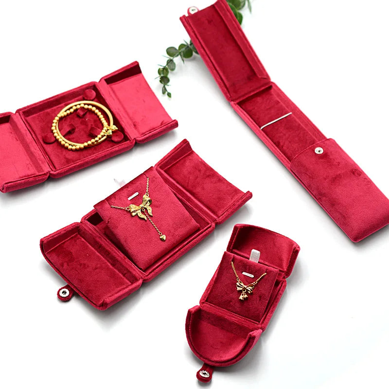 Organizador de Joias de Veludo de Abertura Dupla - Azul Névoa/Rosa Vermelha para Anéis/Colares/Pulseiras, Exibição para Casamentos e Boutiques