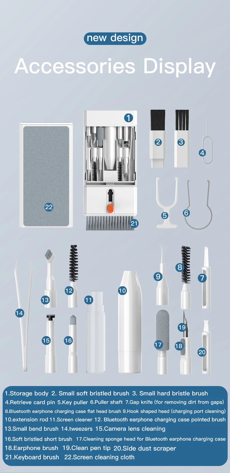 22-in-1 Multi-Purpose Electronics Cleaning Kit with Bluetooth Earbud Cleaners, Charging Port Brushes & Keyboard Cleaning Tools