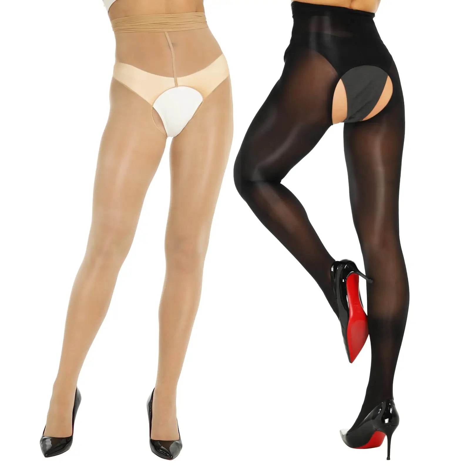 2 Pairs Glossy Oil Shimmer High-Waist Open Crotch Pantyhose