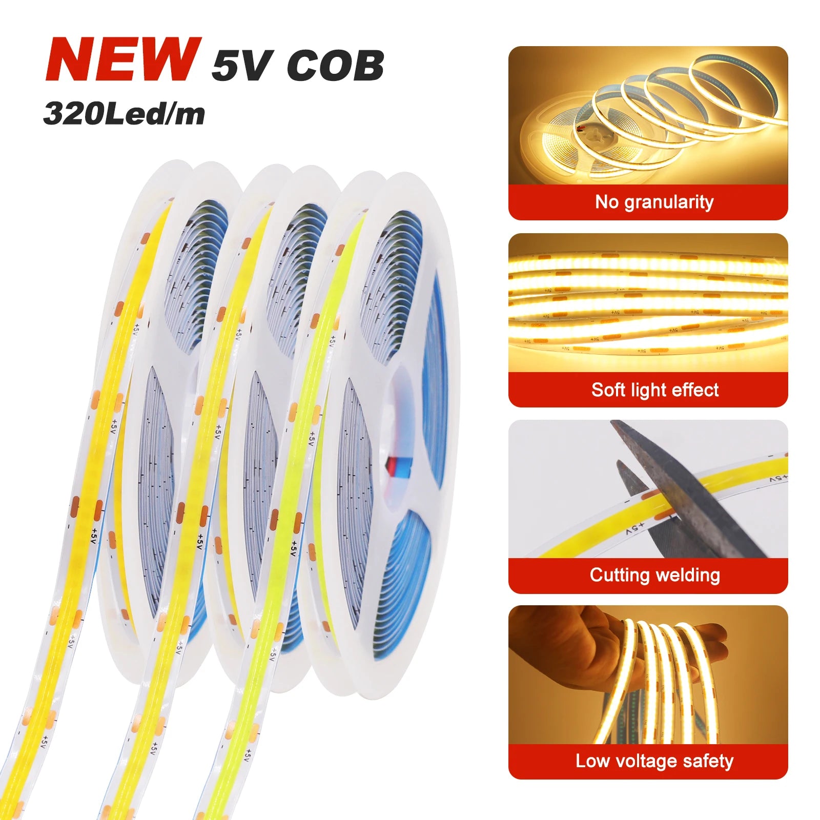 New 5V LED COB Light Strip Dimmable With Touch Sensor/ON OFF Switch USB Flexible LED Tape Christmas TV Backlight Adhesive Tape