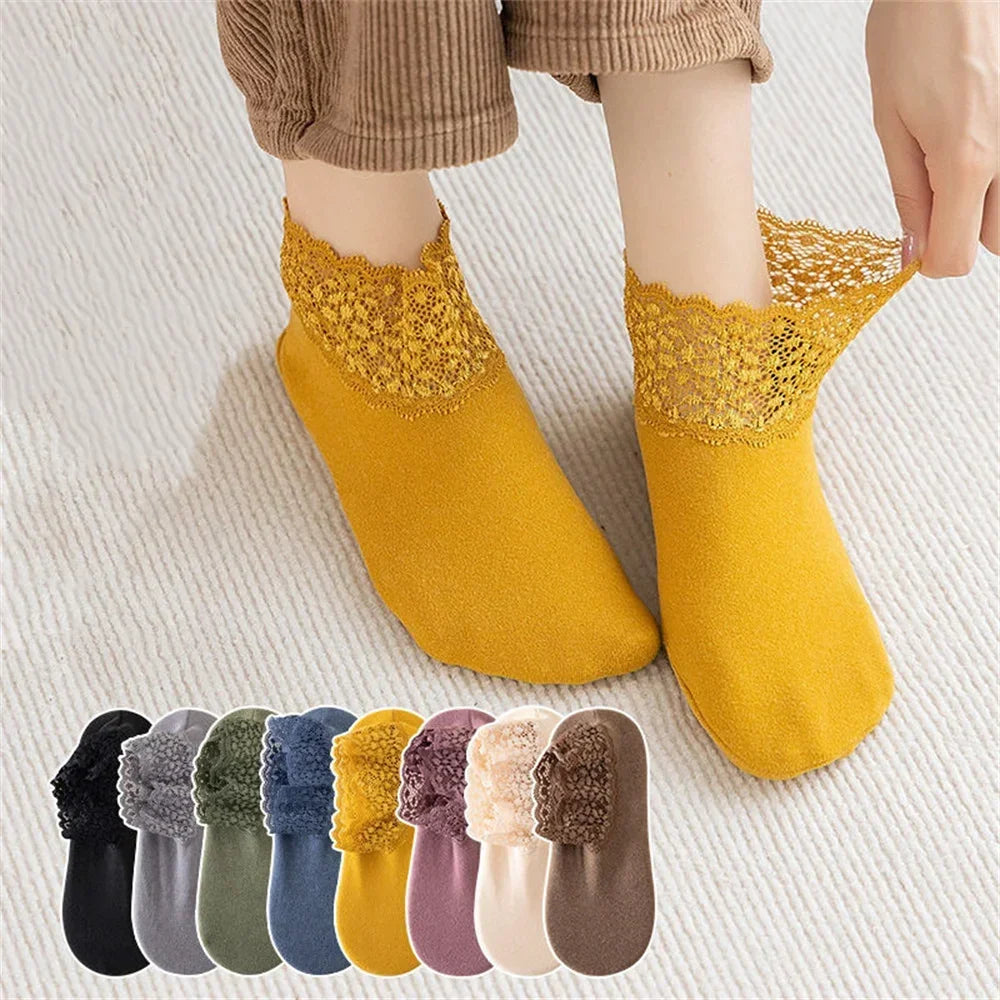 Women's Anti-Slip Thermal Velvet Floor Socks with Lace