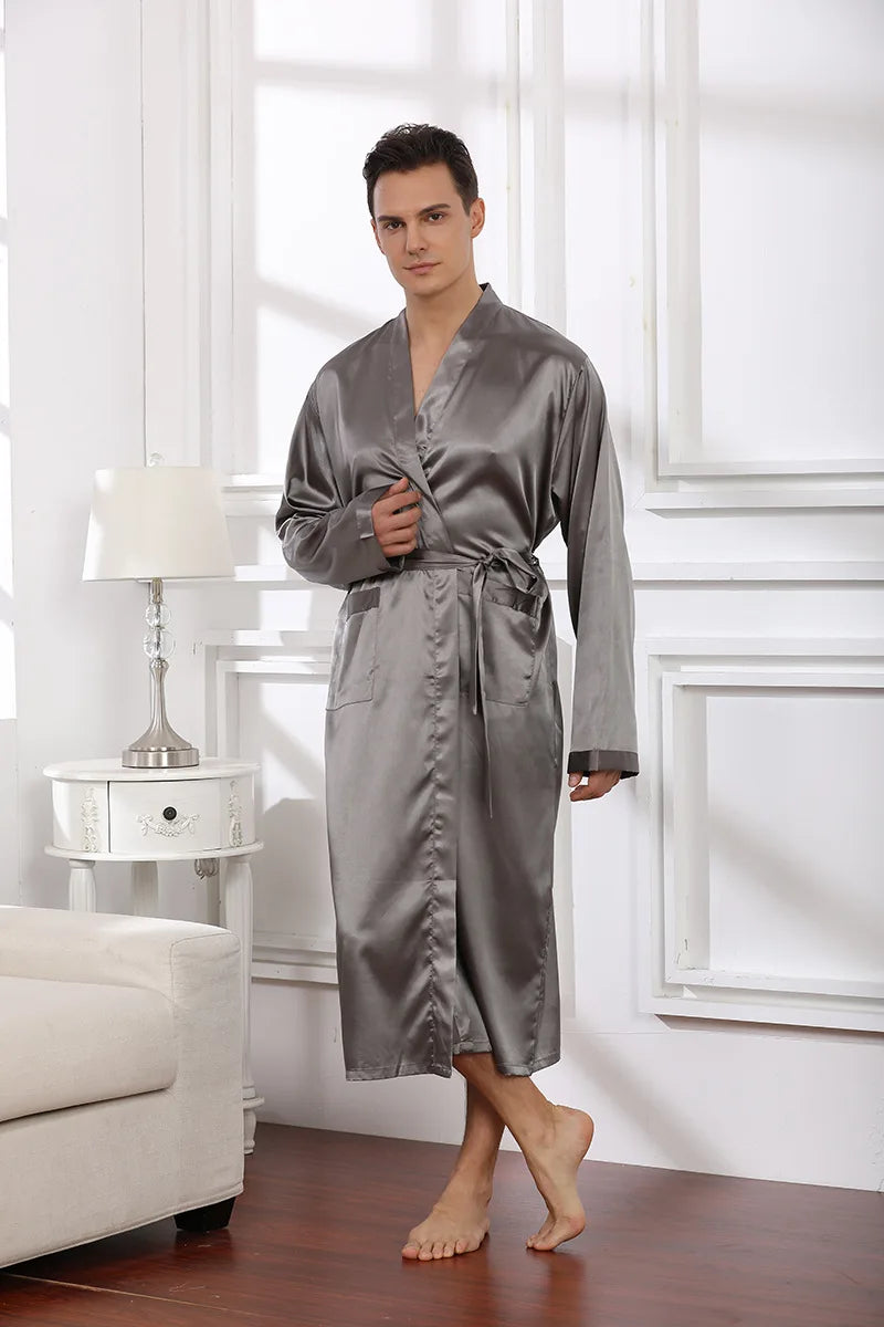 Men's Long Black Satin Bridegroom Wedding Bathrobe