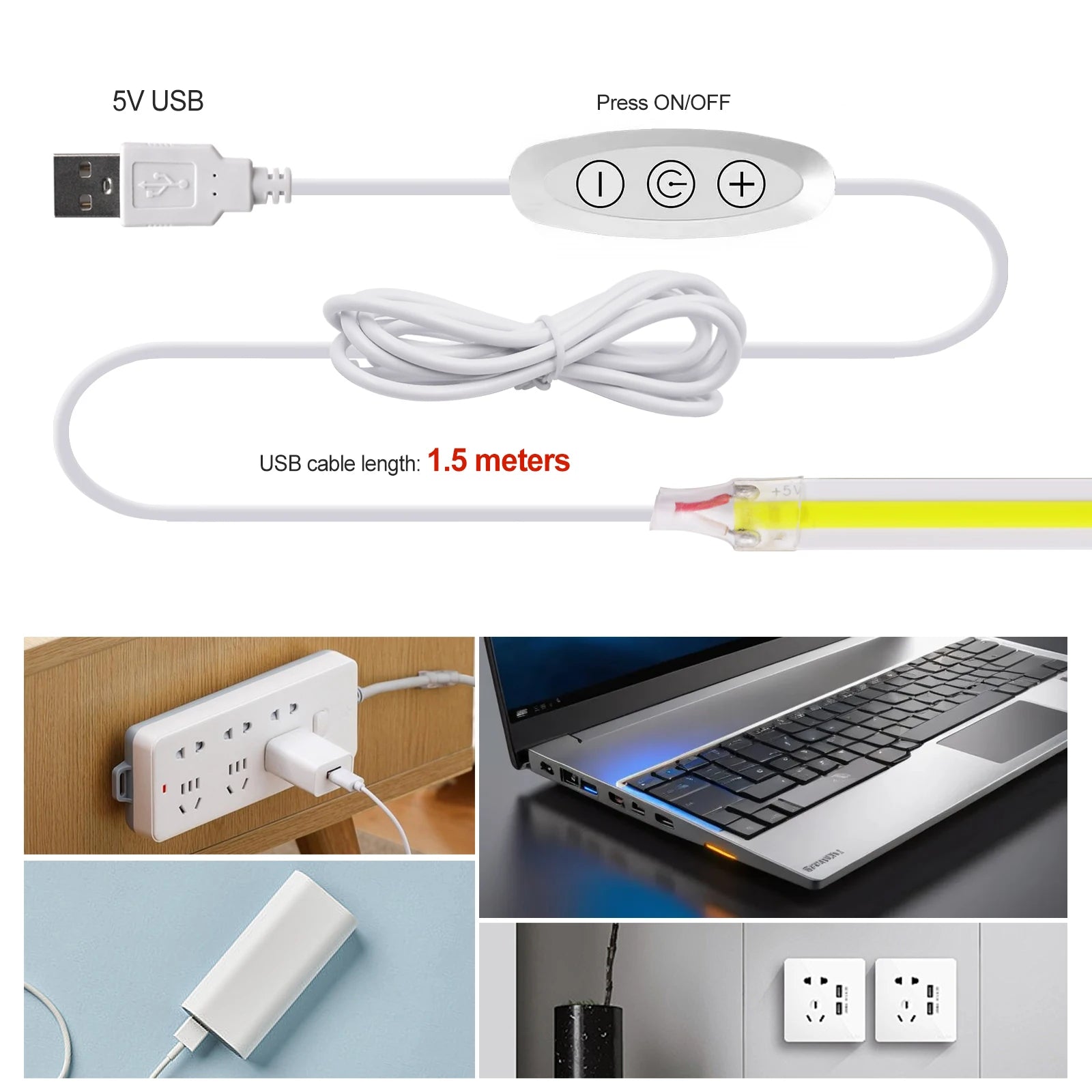 New 5V LED COB Light Strip Dimmable With Touch Sensor/ON OFF Switch USB Flexible LED Tape Christmas TV Backlight Adhesive Tape