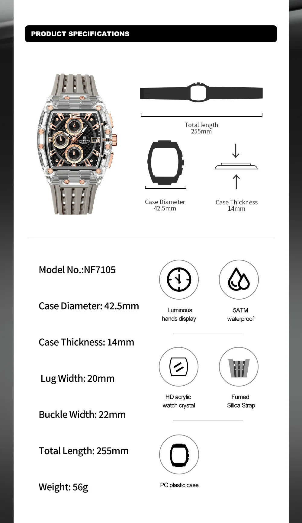 Naviforce NF7105 Tonneau Quartz Chronograph 5ATM Silicone Watch