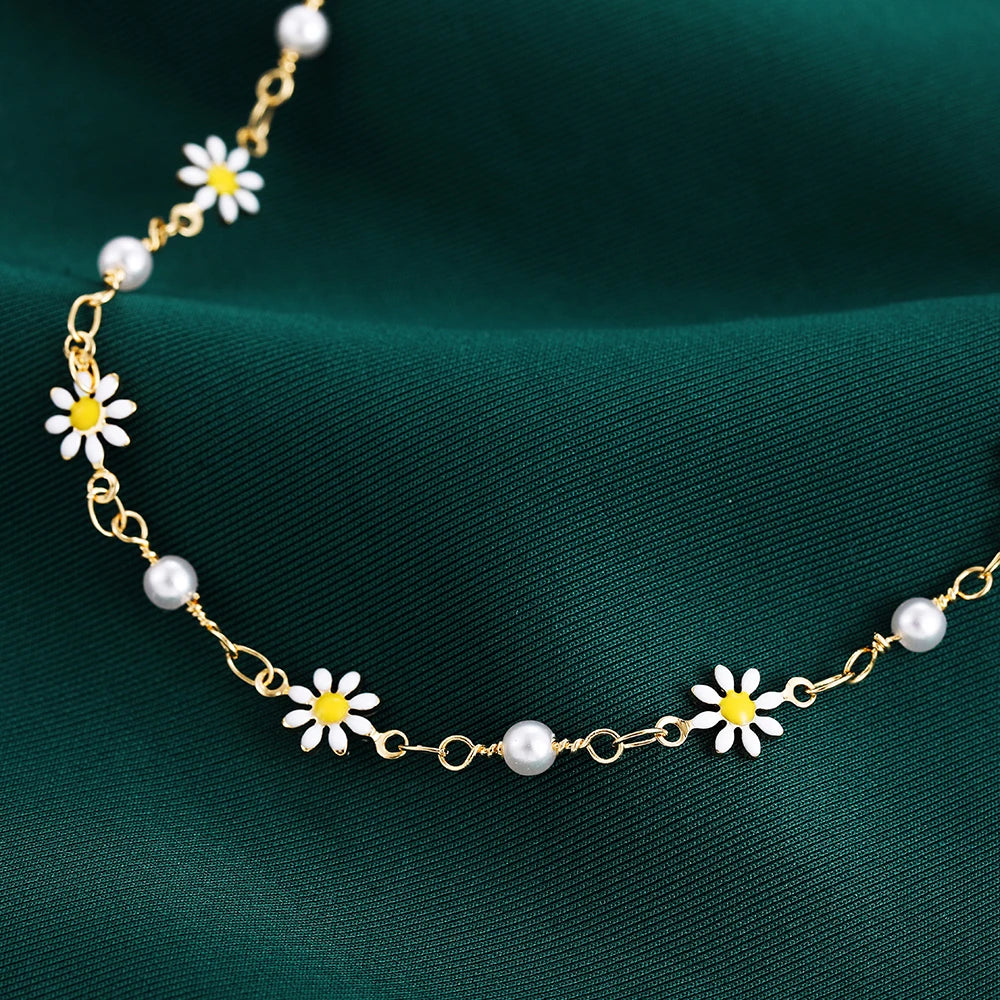 Elegante Tornozeleira Flor Margarida com Corrente de Pérolas Feita à Mão Tornozeleiras para Mulheres Acessórios de Sandálias de Verão Praia Pulseira na Perna