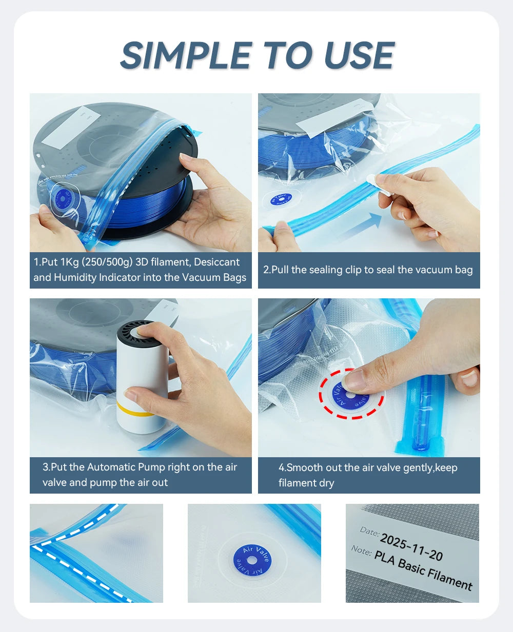 3D Printer Filament Storage Bag PLA PETG ABS Vacuum Bag Dryer Safekeep Humidity Resistant Sealing Bags Keep Filament Dry Sealed