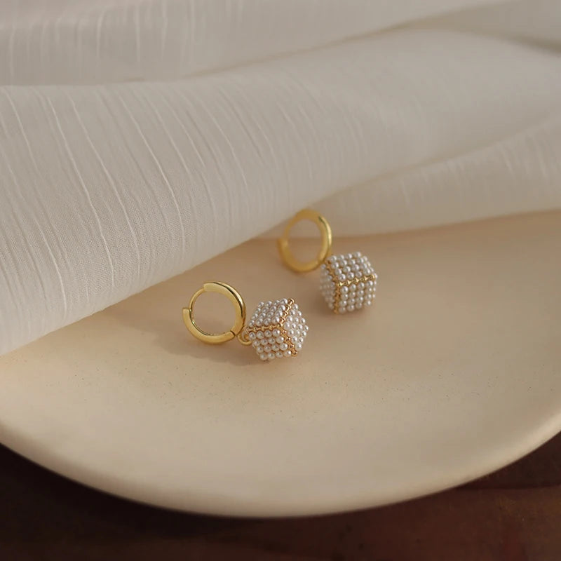 Premium Square Pearl Pendant Drop Earrings Luxury Jewelry