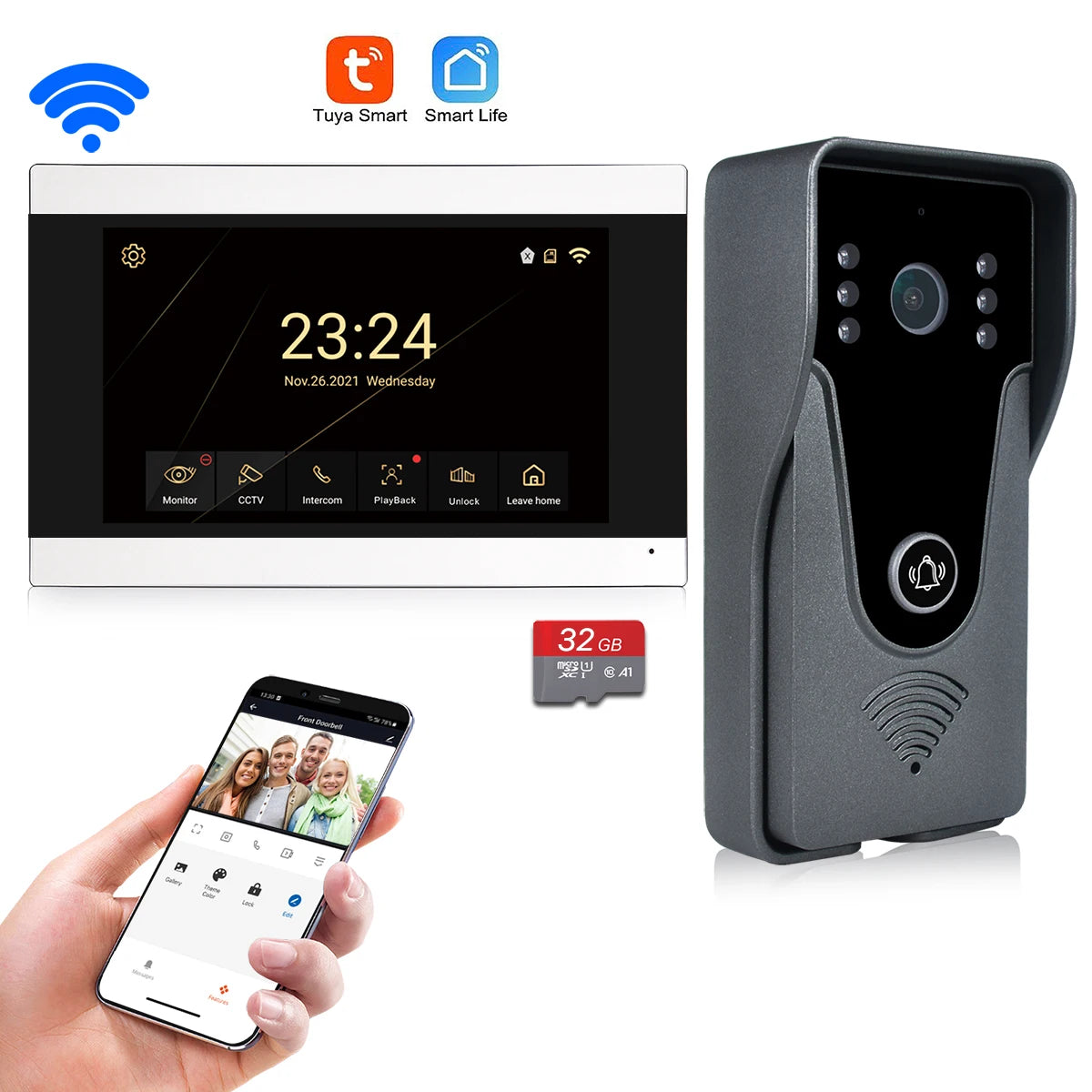 Wireless WiFi Video Intercom System 1080P Smart Video Doorbell for Home Touch Screen 32G Card 2 Way Audio TUYA APP Unlock 4 Wire