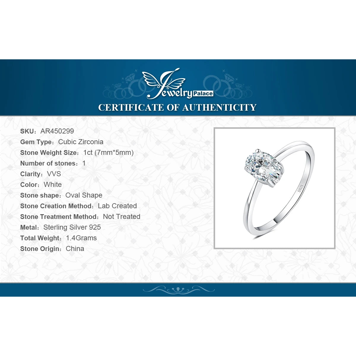 925 Sterling Silver Oval Cut Cubic Zirconia Solitaire Ring