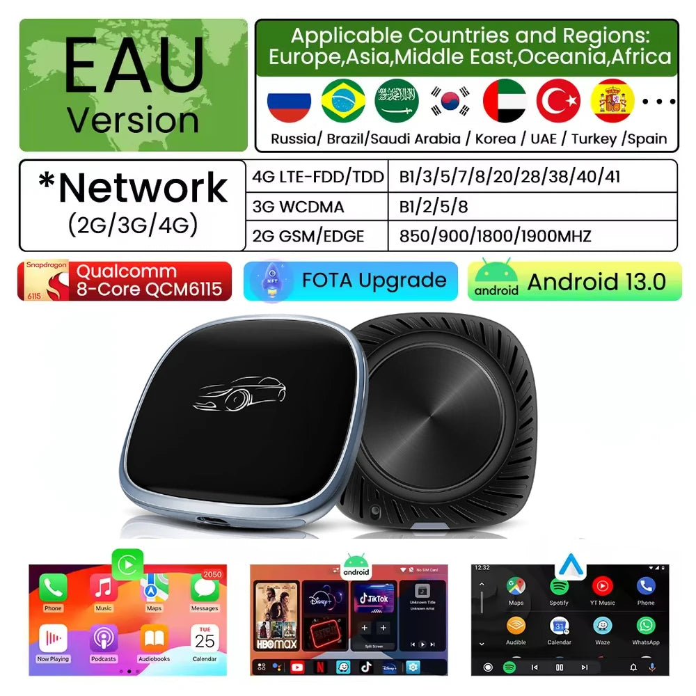 Smart CarPlay AI Box 2026 - Android 13 | Qualcomm Octa-Core | 4G+64GB Wireless Multimedia Adapter