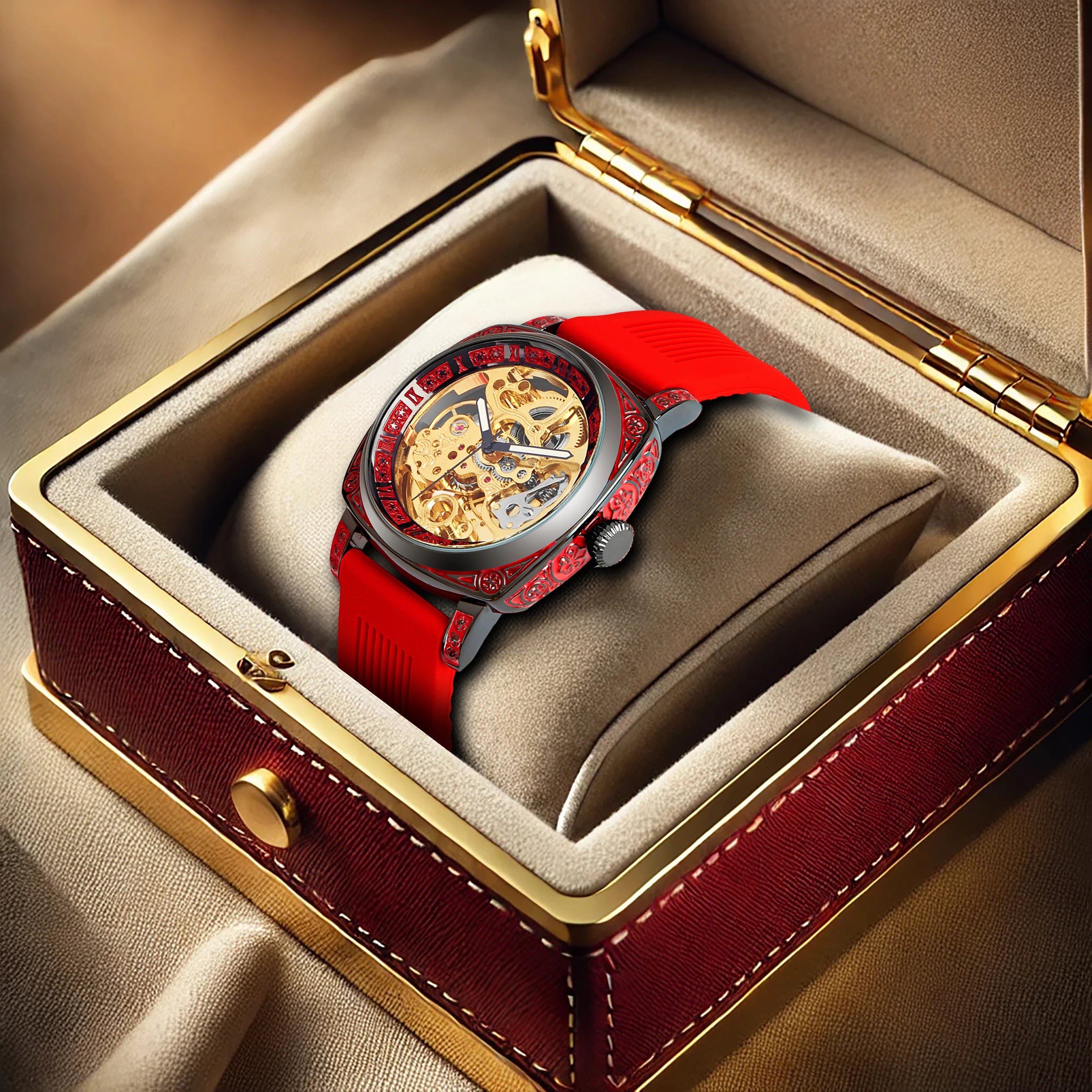 New ladies' watch with golden red tape, casual style, elegant night light, carved flowers, fully automatic mechanical watch
