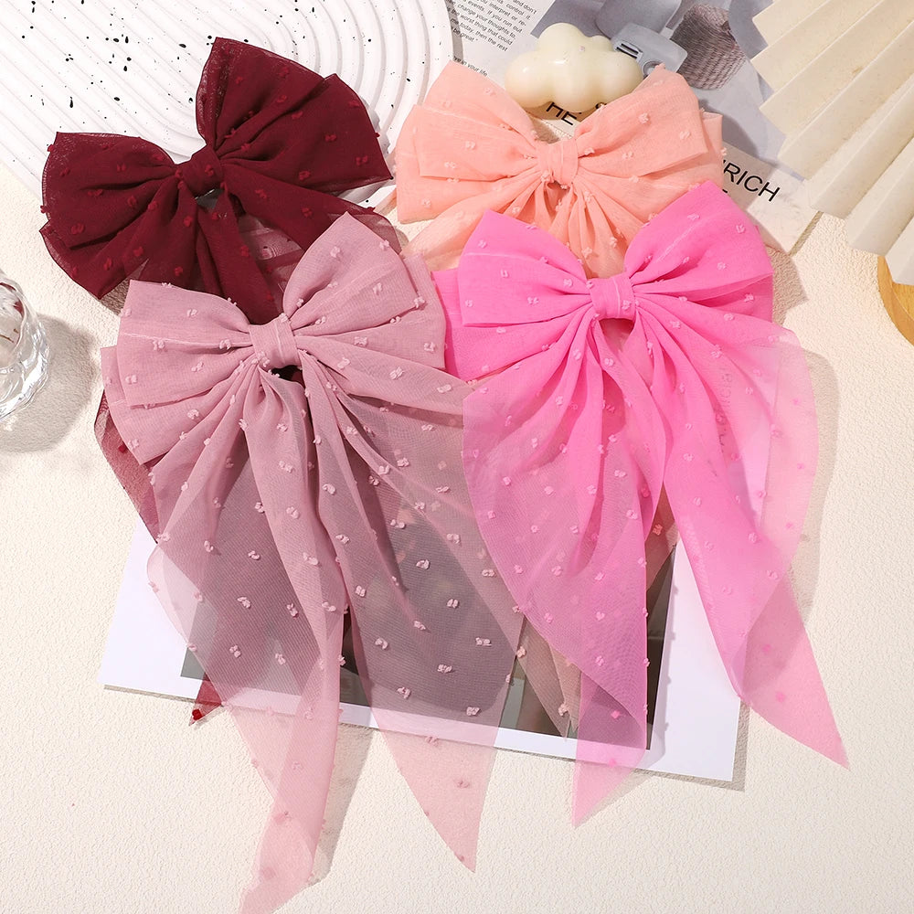 Elegant Long Satin Bow Hair Clip Large Chiffon Barrette