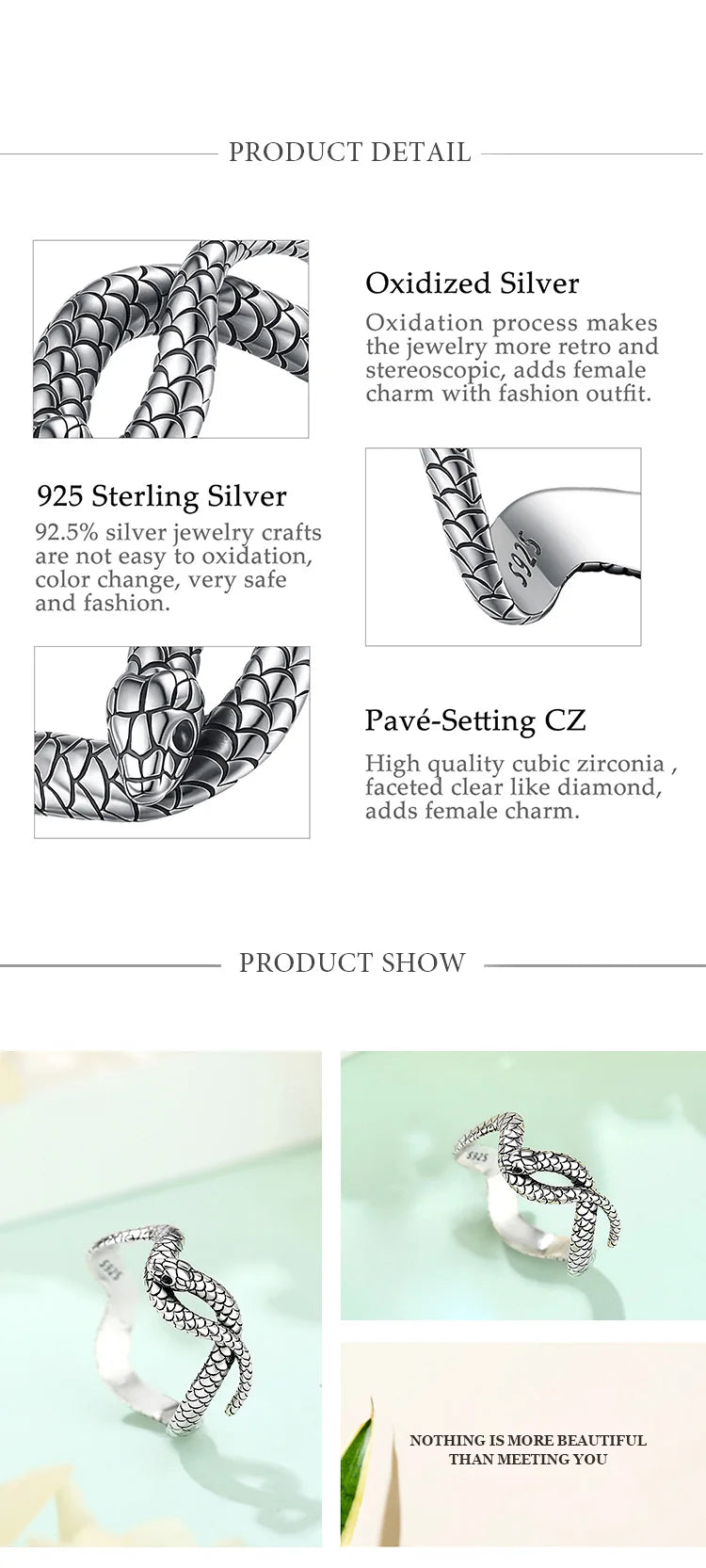 925 Sterling Silver Textured Snake Ring with Black Zircon