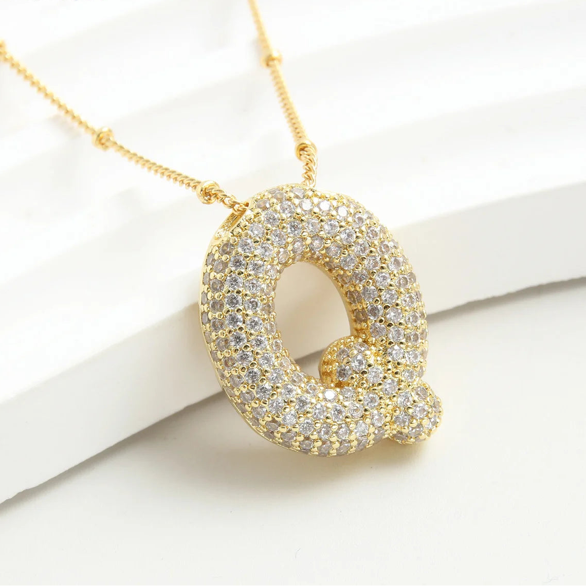 Gold-Style Plated Balloon Initial Zirconia Letter Pendant Necklace