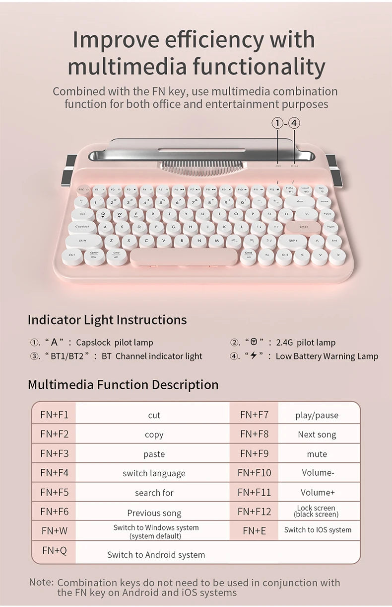 AJAZZ AF84 Wireless BT Portable Keyboard-Retro Punk Typewriter Mechanical Keyboard-Wireless BT Dual-Mode Office Keyboard