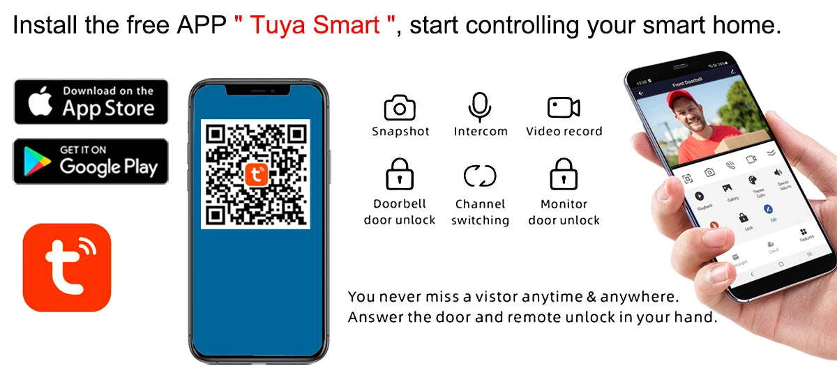 Wireless WiFi Video Intercom System 1080P Smart Video Doorbell for Home Touch Screen 32G Card 2 Way Audio TUYA APP Unlock 4 Wire