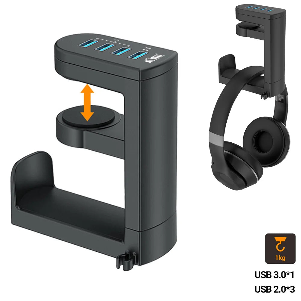 Headphone Bracket Swivel Mounted PC Gaming Headset Stand Holder Under Desk Hanger Hook Earphones Display Stand With USB Ports