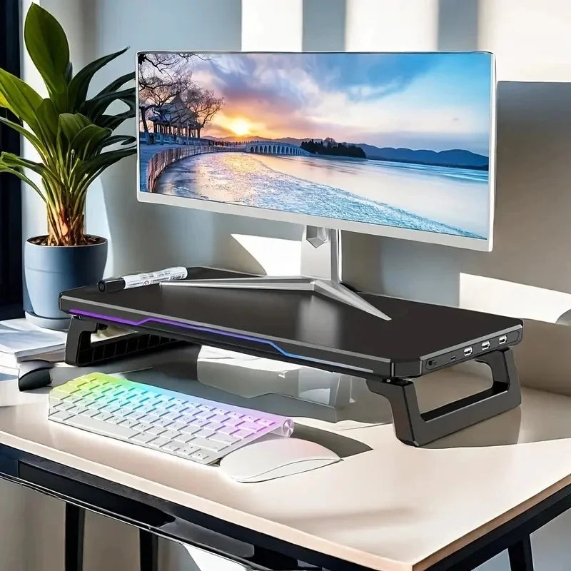 ITLY RGB Monitor Stand with 3 USB Ports Data Transfer  Charging  Desktop Organizer for PC and Laptops up to 19.6 Inches NEW