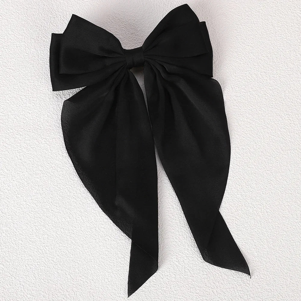Elegant Long Satin Bow Hair Clip Large Chiffon Barrette