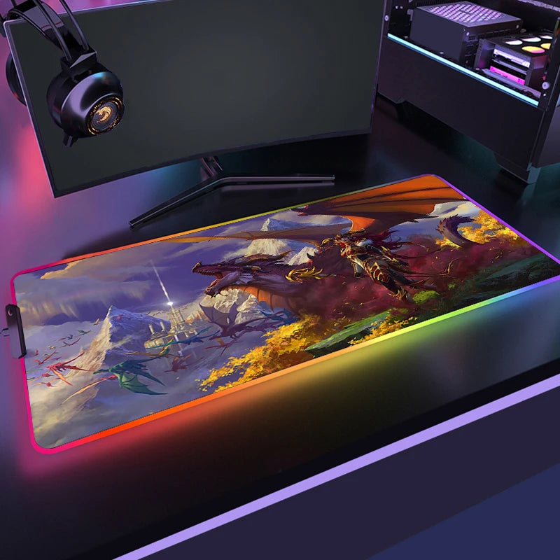 400x900 World Of Warcraft LED Backlight Gaming Mousepad HD Printing RGB Mouse Pad Non-Slip Rubber Deskmats Keyboard Desk Mat XXL