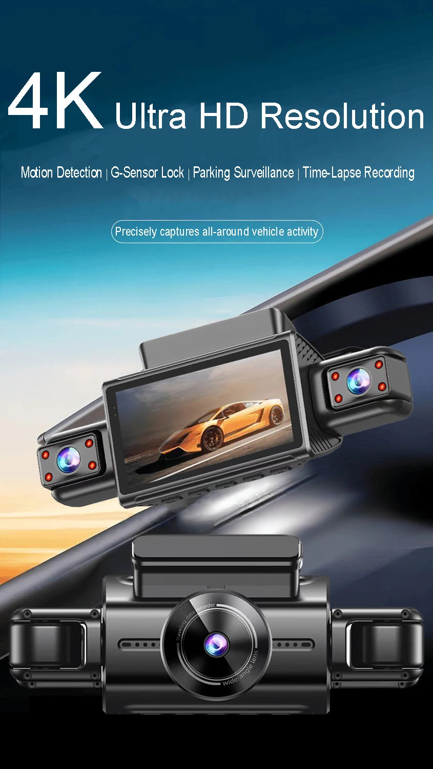 4K 4CH Hidden Car DVR with APP 24H Parking Mode G Sensor Motion Detect Loop Record Time Lapse Stealth Recording Night Vision WDR