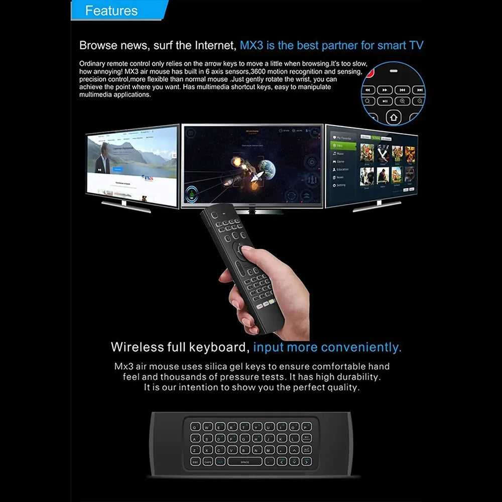 2.4GHz Wireless MX3 Air Mouse Mini Keyboard Voice Backlit Remote Control IR Learning Remote Control for PC Android TV Box