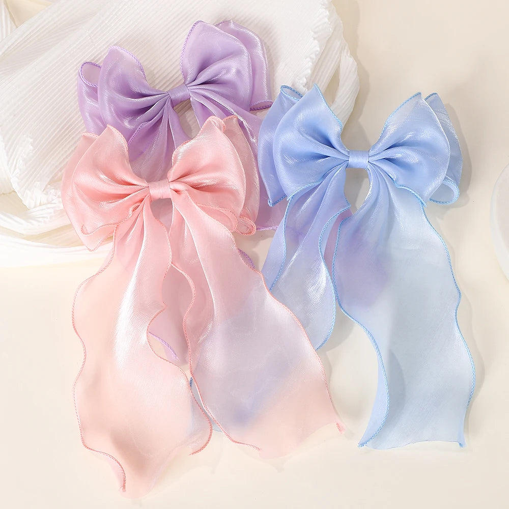 Elegant Long Satin Bow Hair Clip Large Chiffon Barrette