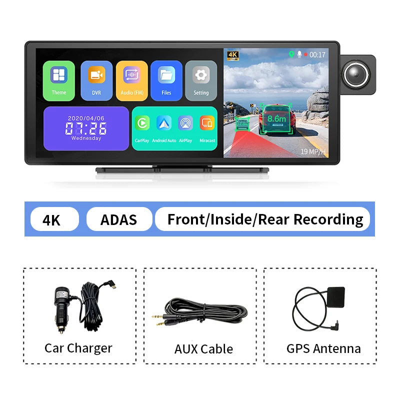 Câmara de Tablier 4K Imagebon H50 de 11.3" ADAS CarPlay Sem Fios e Android Auto Gravação de 3 Canais Time Lapse Monitor de Estacionamento 24h Caixa Negra