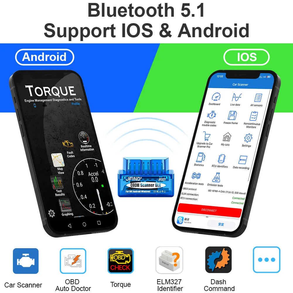 JFIND ELM327 V1.5 OBD2 Bluetooth 5.1 PIC18F25K80 Auto Scanner For Android IOS Code Reader OBD2 Car Diagnostic Tool elm 327 V1 5