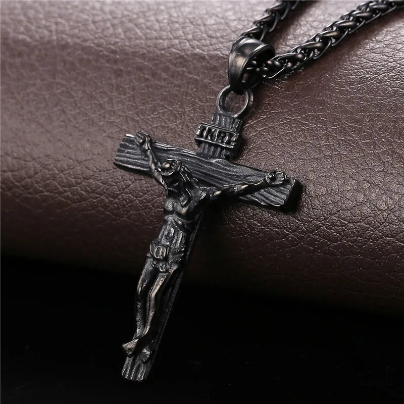 Stainless Steel Jesus Crucifix Cross Necklace with Herringbone Chain