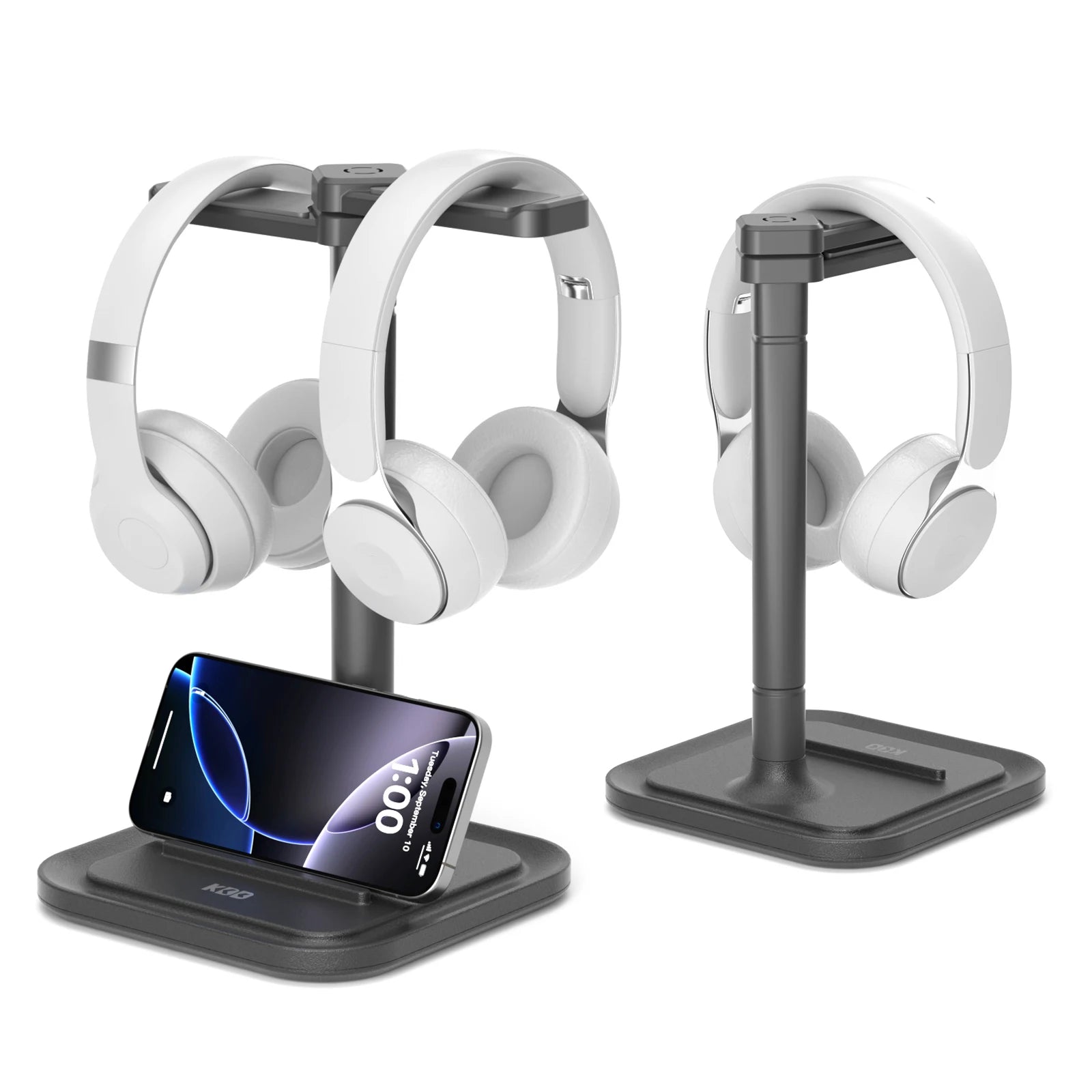 Dual Headphone Stand for Desk Rotatable Headset Hanger with Phone Holder Removable Non-Slip Base for Gamers Desktop Accessories